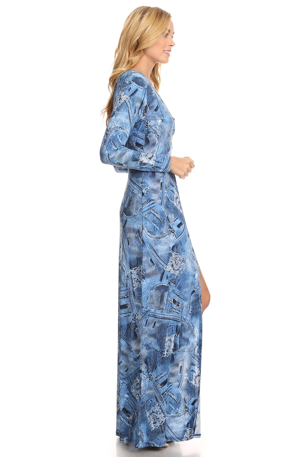 Women Denim printed Maxi dress with open front detail with shorts, long sleeves, and v-neck