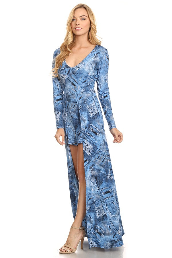 Women Denim printed Maxi dress with open front detail with shorts, long sleeves, and v-neck