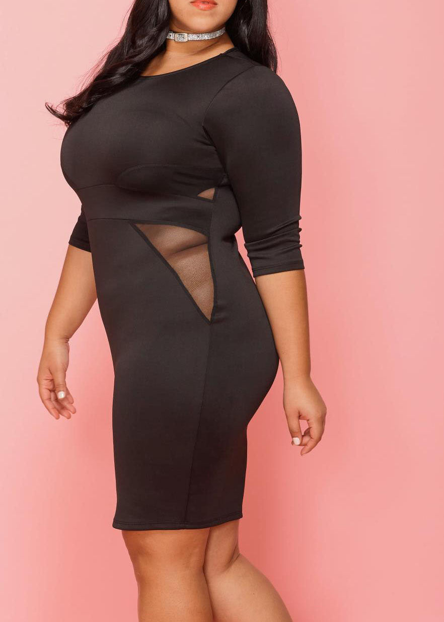 2001 Plus Size Women Mesh Inset Bodycon Dress
