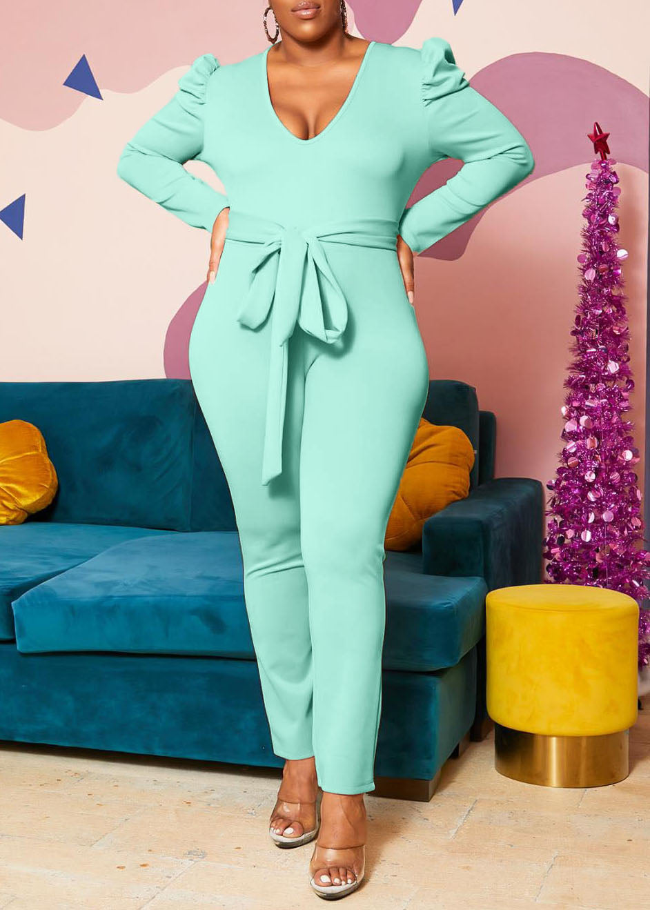 Hi Curvy Plus Size Women Blushing Drama Shoulder Jumpsuit Made in USA
