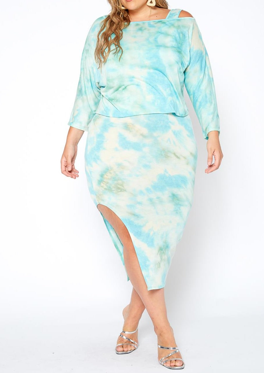 2588TD Plus Size Women Tie Dye Sweatshirt & Midi Dress Set