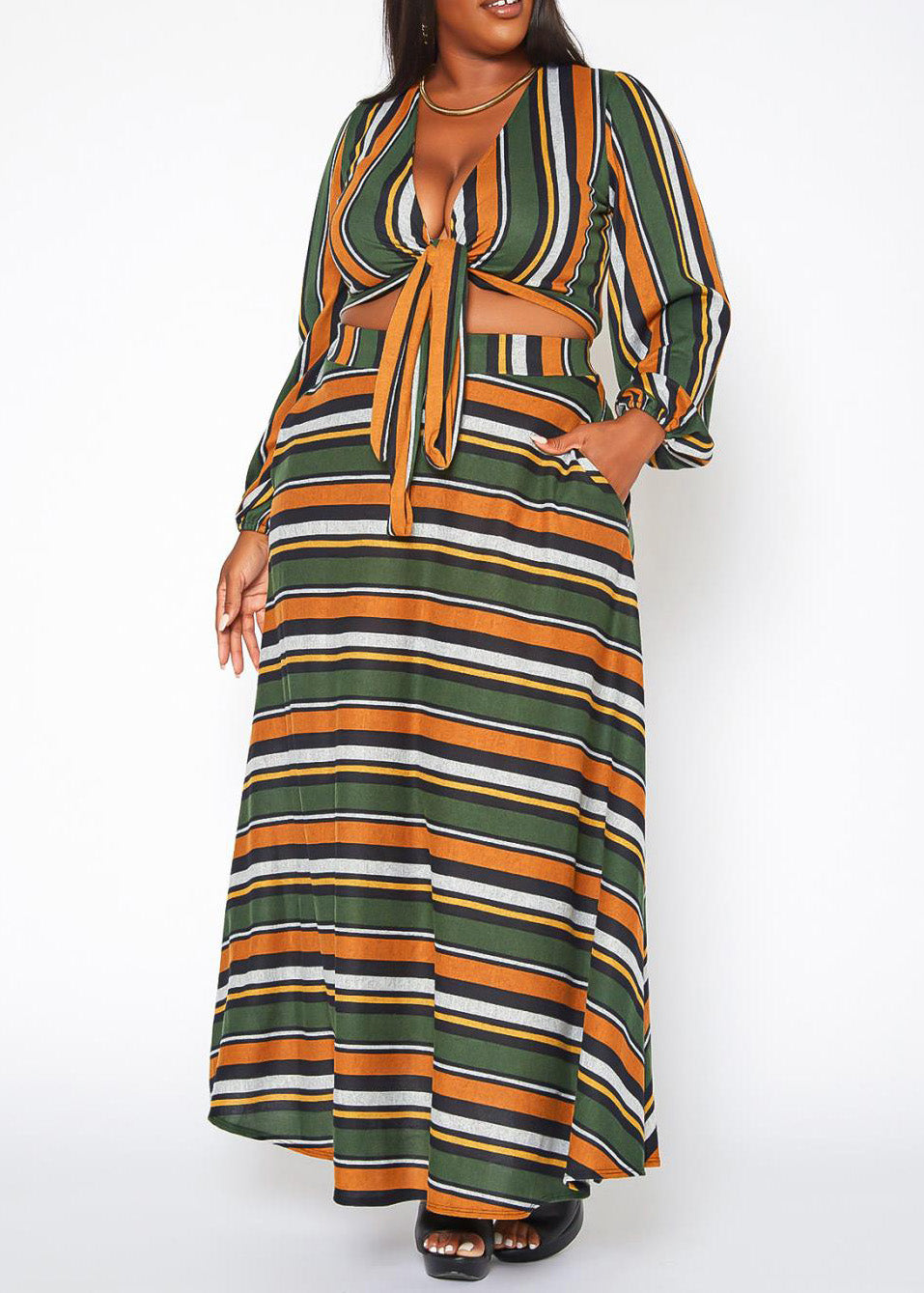 Hi Curvy Plus Size Women Multi Striped Two Piece Set