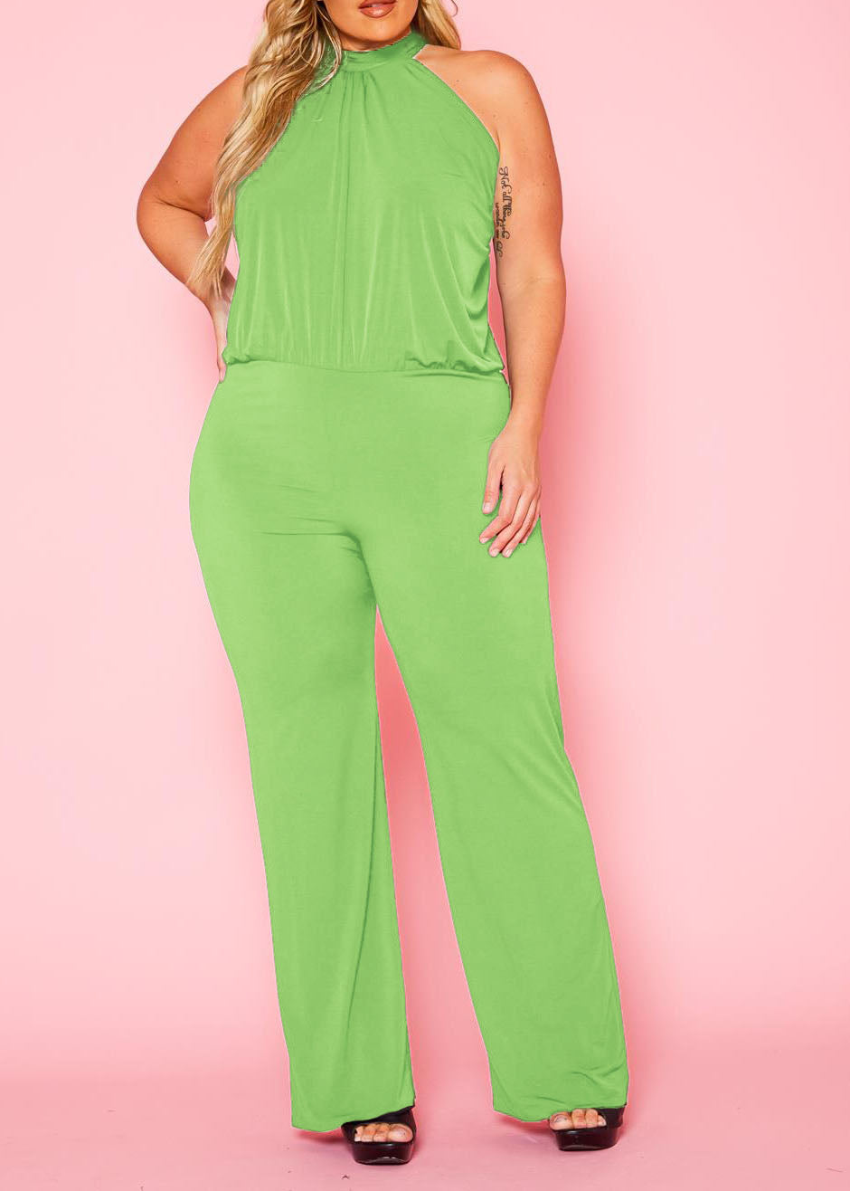 Plus Size Women Halter Neck Flare Jumpsuit