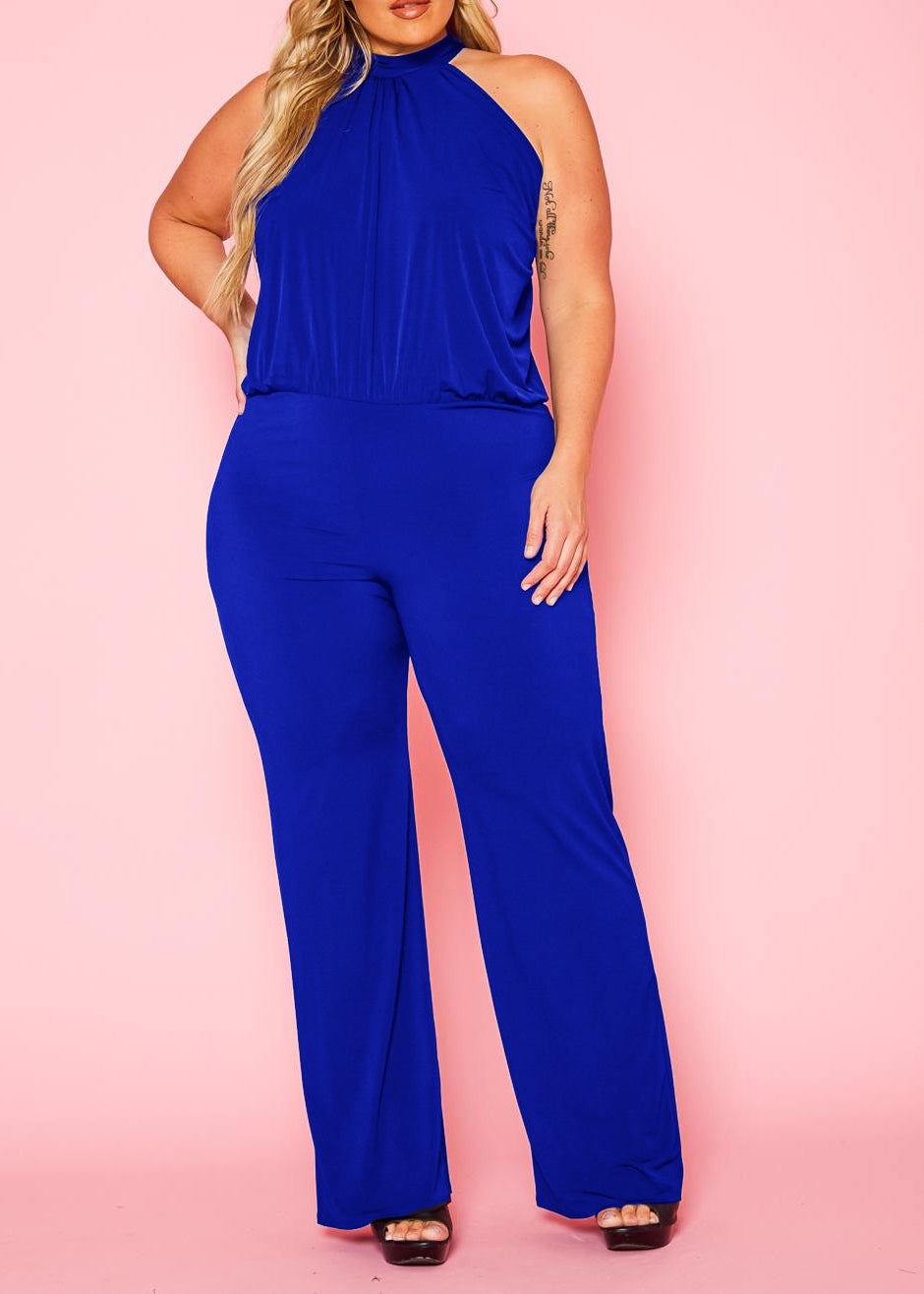 Plus Size Women Halter Neck Flare Jumpsuit
