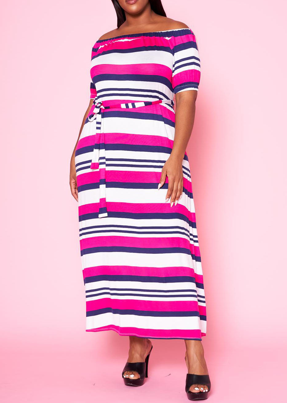 PLD0014 Plus Size Women Off Shoulder Multi Striped Flare Maxi Dress