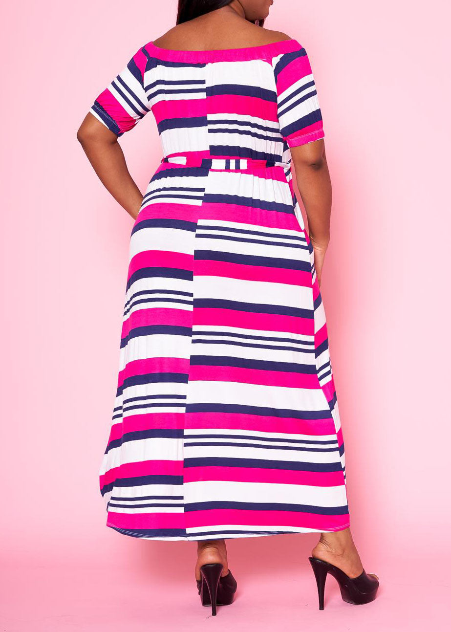 PLD0014 Plus Size Women Off Shoulder Multi Striped Flare Maxi Dress