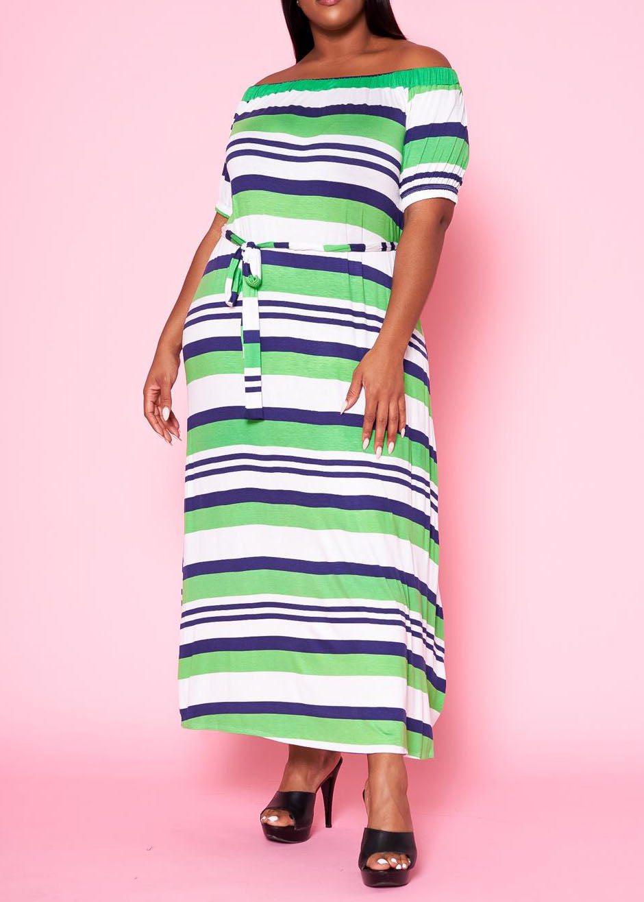 PLD0014 Plus Size Women Off Shoulder Multi Striped Flare Maxi Dress