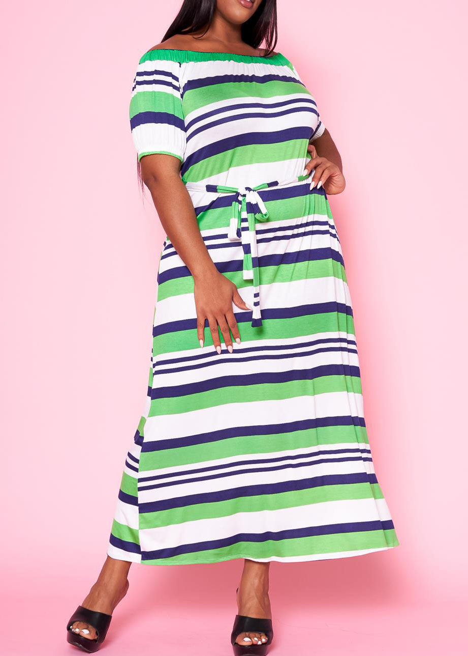 PLD0014 Plus Size Women Off Shoulder Multi Striped Flare Maxi Dress