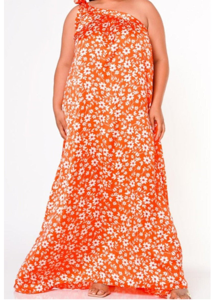 2702RD Plus Size Women One Shoulder Floral Print Maxi Dress