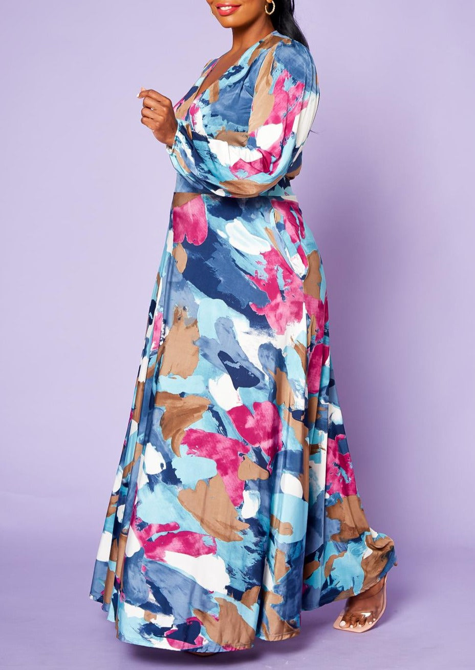 HI Curvy Plus Size Women Watermark Print Blouse and Maxi Skirt Set