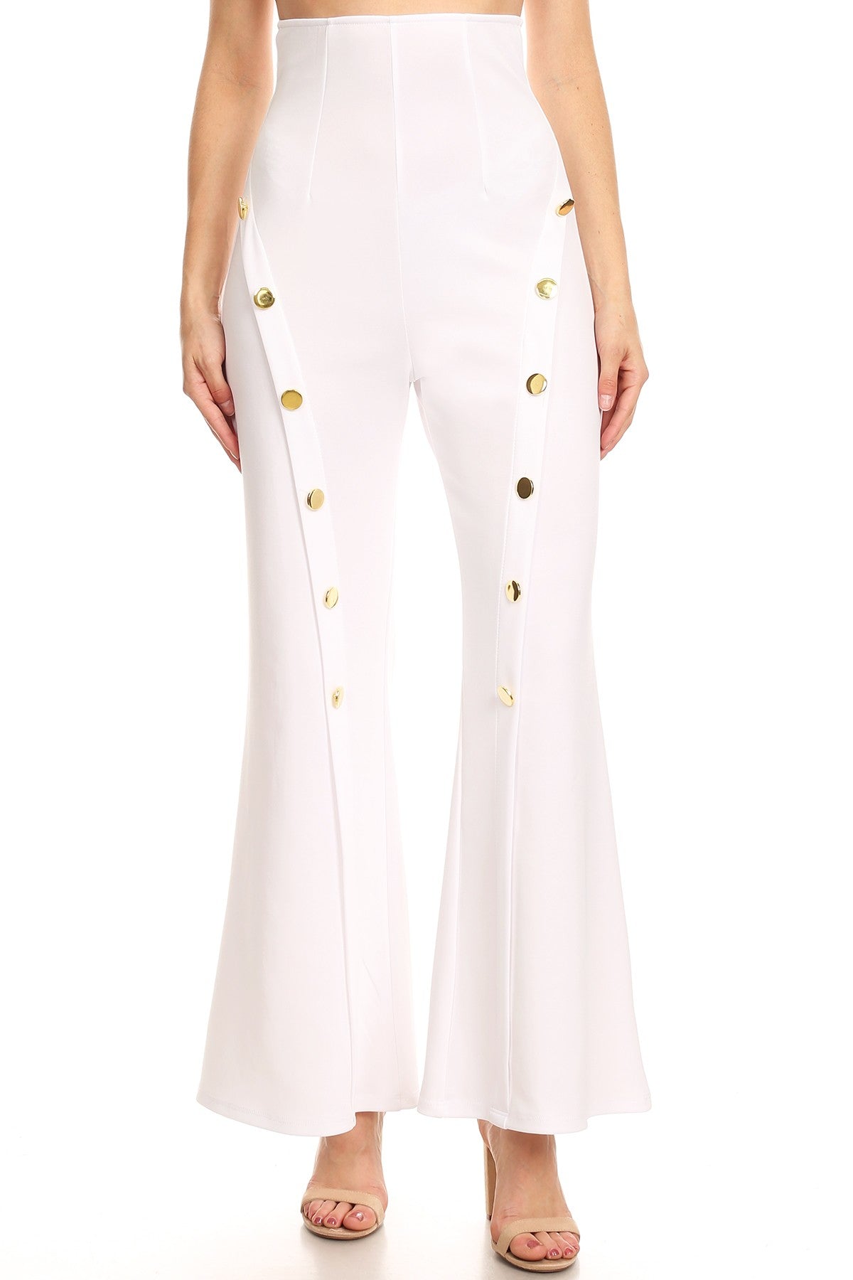 2183 Women Chic Solid Hi Waist  Layer  Wide Leg Button Front detail