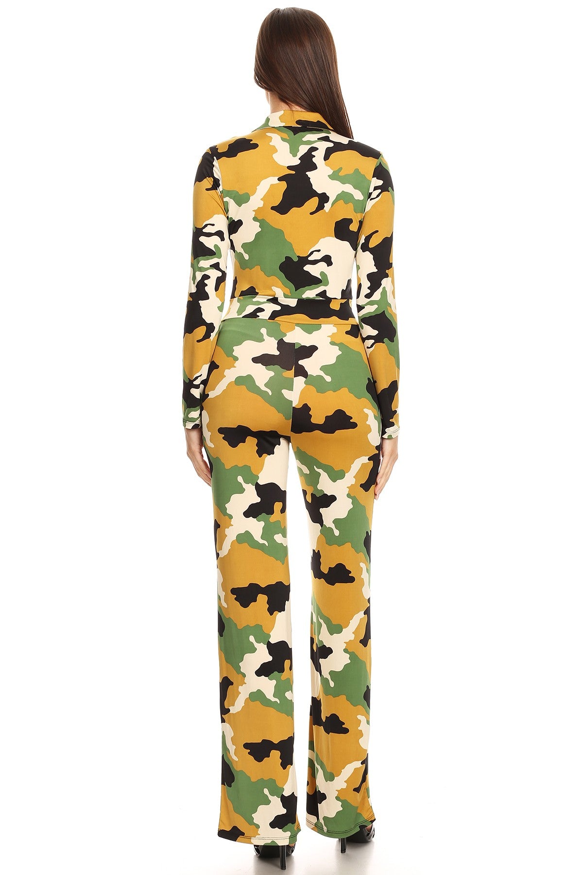 2351CM Women Lone Sleeves V-neck Camo printed button up front Wide Legs Jumpsuit in a relaxed fit