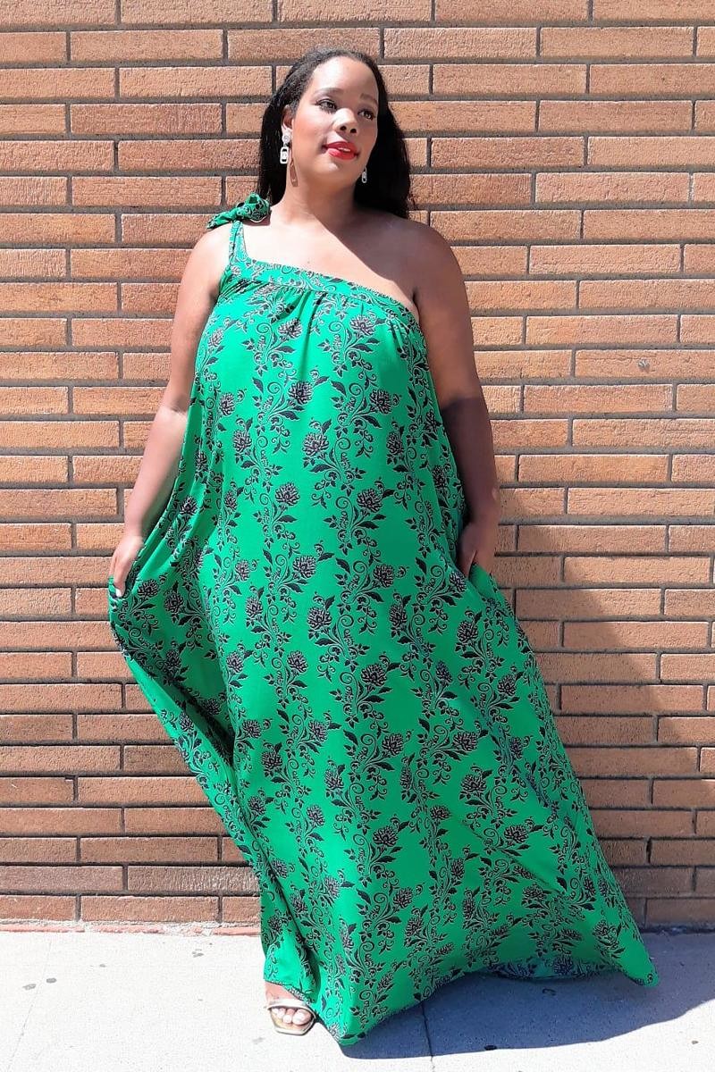 2702PZ Plus Size Women One Shoulder Floral Print Maxi Dress