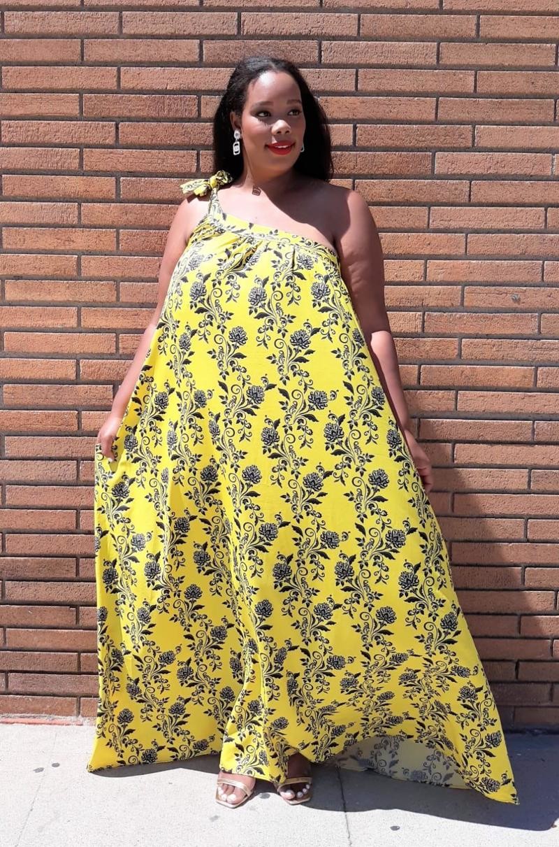 2702PZ Plus Size Women One Shoulder Floral Print Maxi Dress