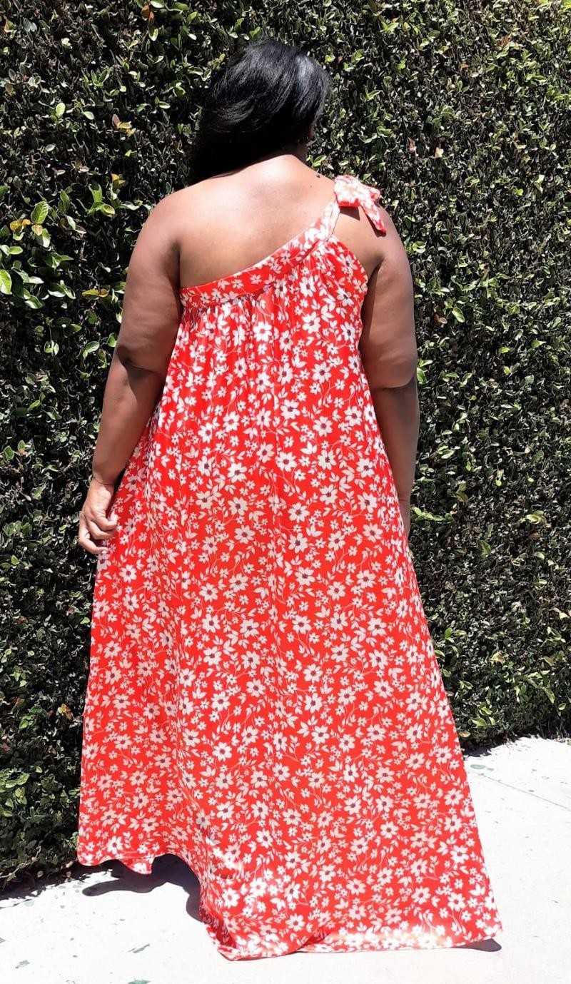 2702RD Plus Size Women One Shoulder Floral Print Maxi Dress