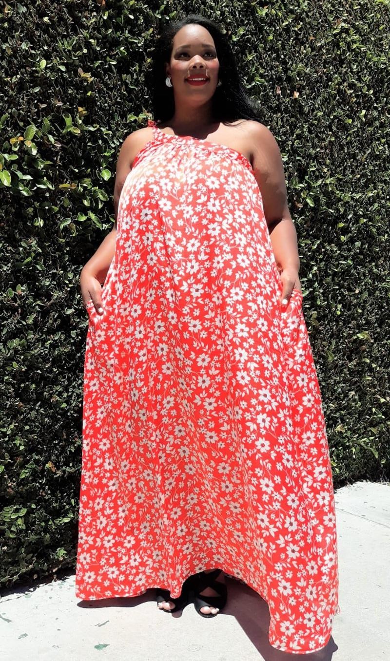 2702RD Plus Size Women One Shoulder Floral Print Maxi Dress