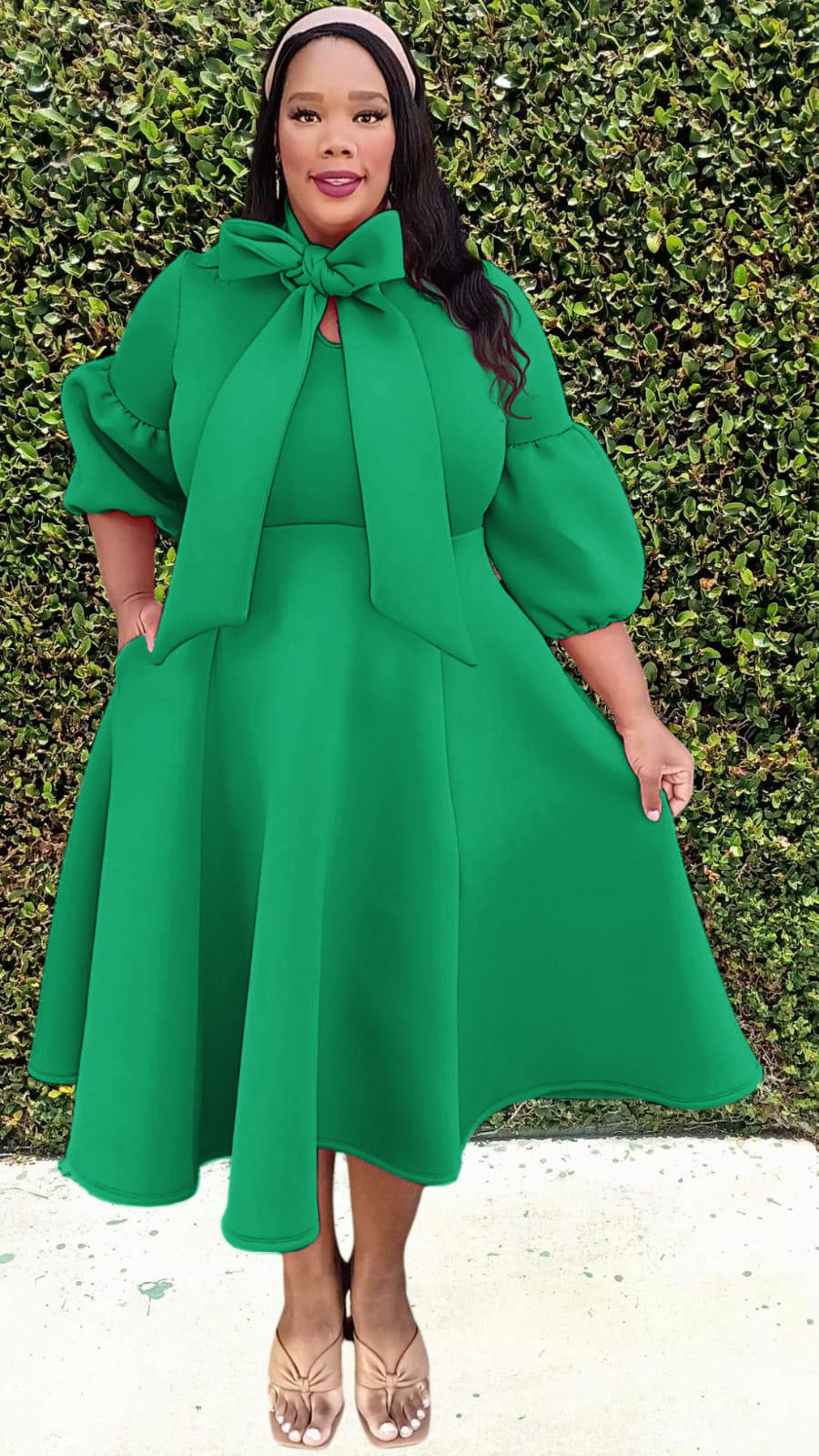 2933 Plus Size 3/4 Bishop Sleeves Big Bow Neck Flare Midi Dress