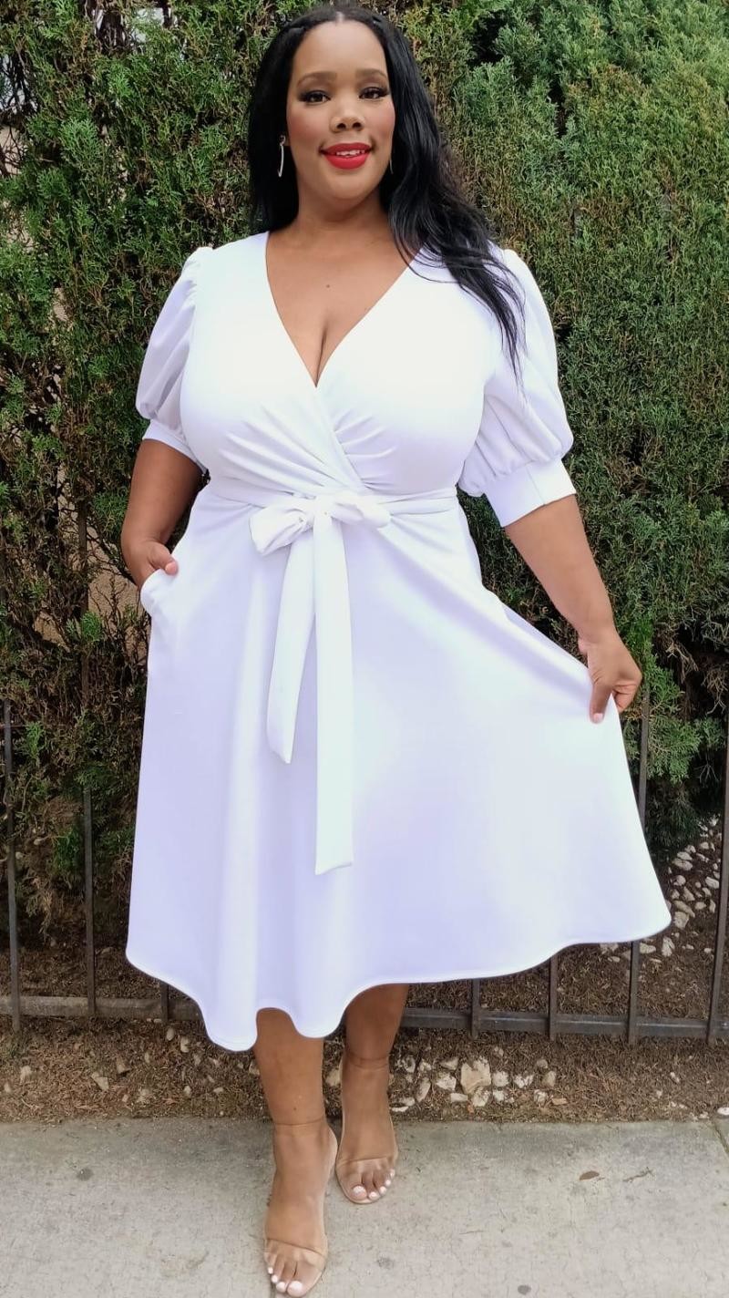 2829 Plus Size Women Wrap Midi Dresses with Pockets and belt