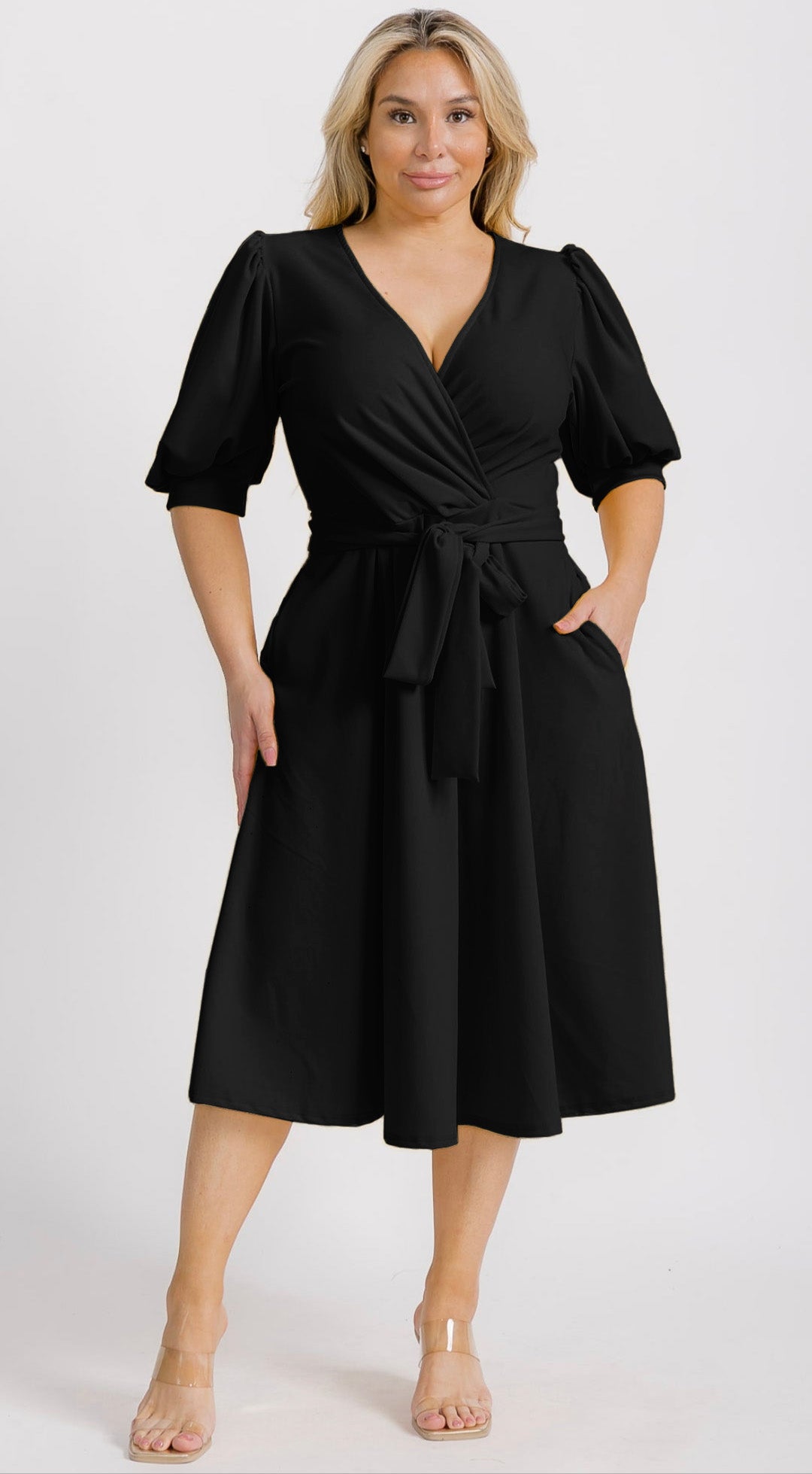 2829 Plus Size Women Wrap Midi Dresses with Pockets and belt