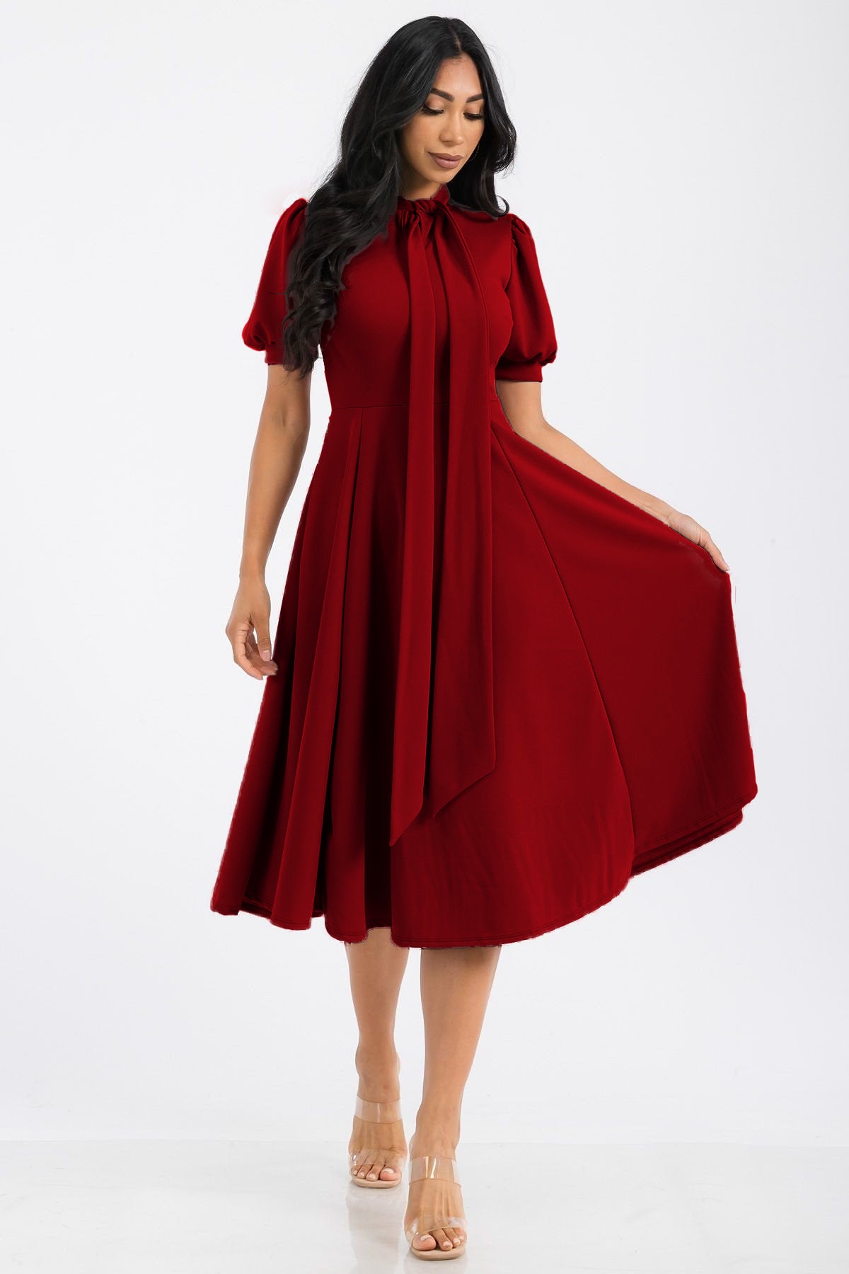 2852REG Women Chic Short Sleeves Front Bow Tie Flare Midi Flowy Dress With Belt Pockets