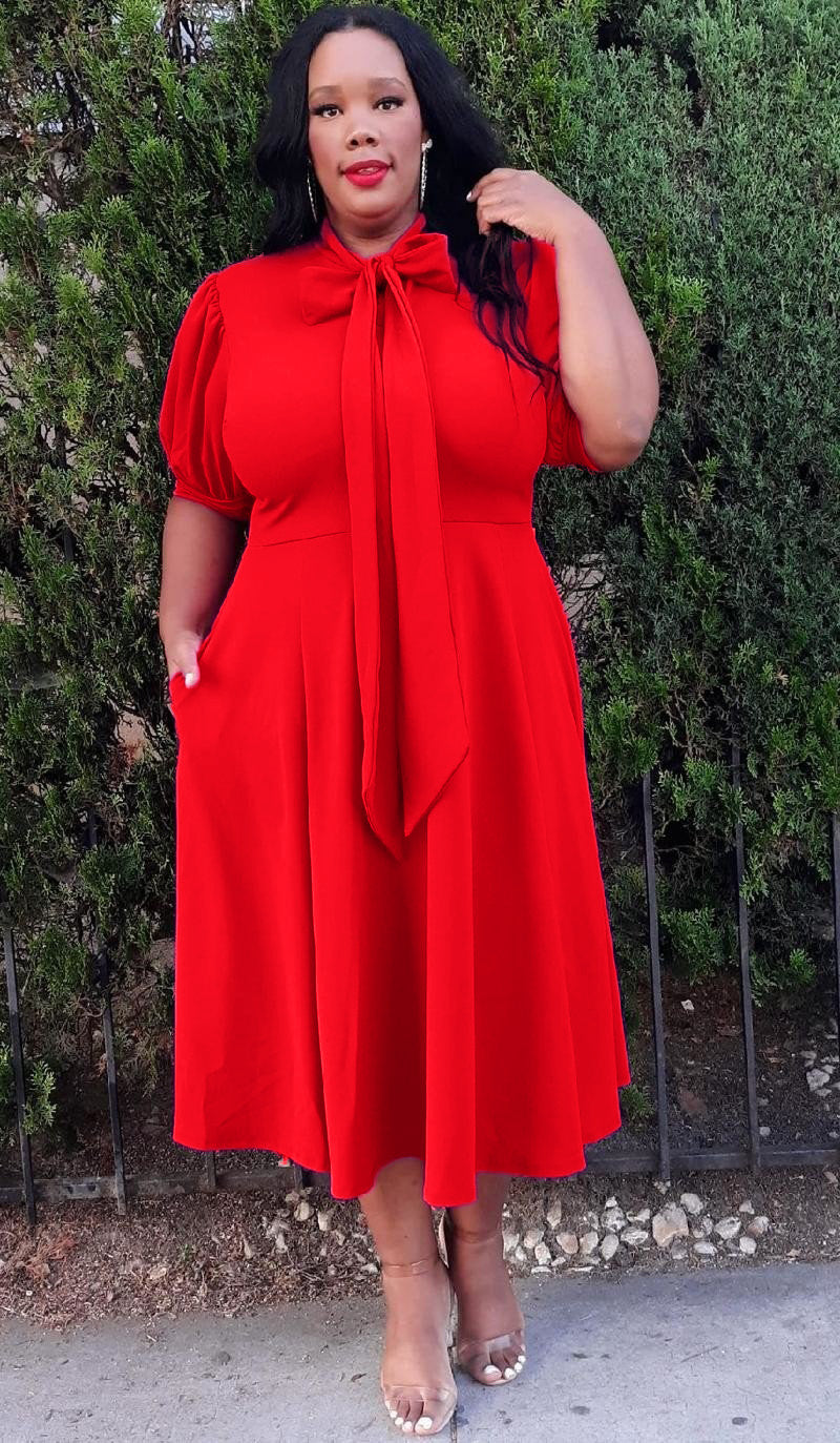 2852SO Plus Size Women Bow Collar Fit & Flare Midi Dress