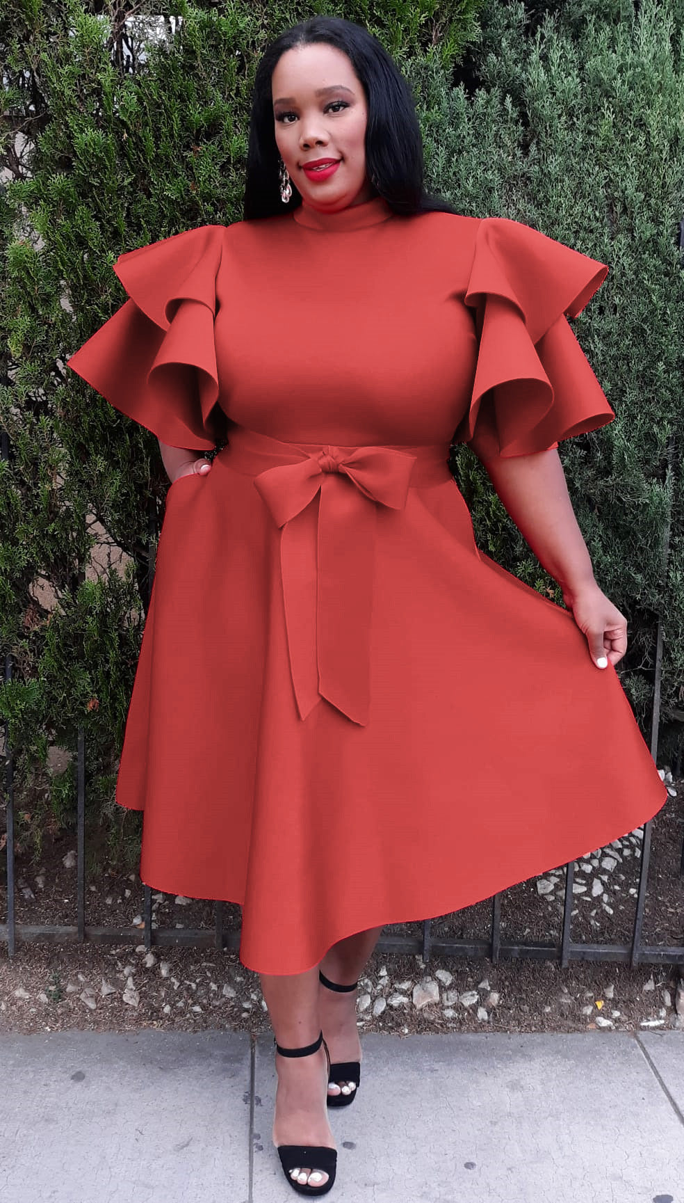 2862 Plus Size Extravagant Fit and Flare Midi Dress With Belt