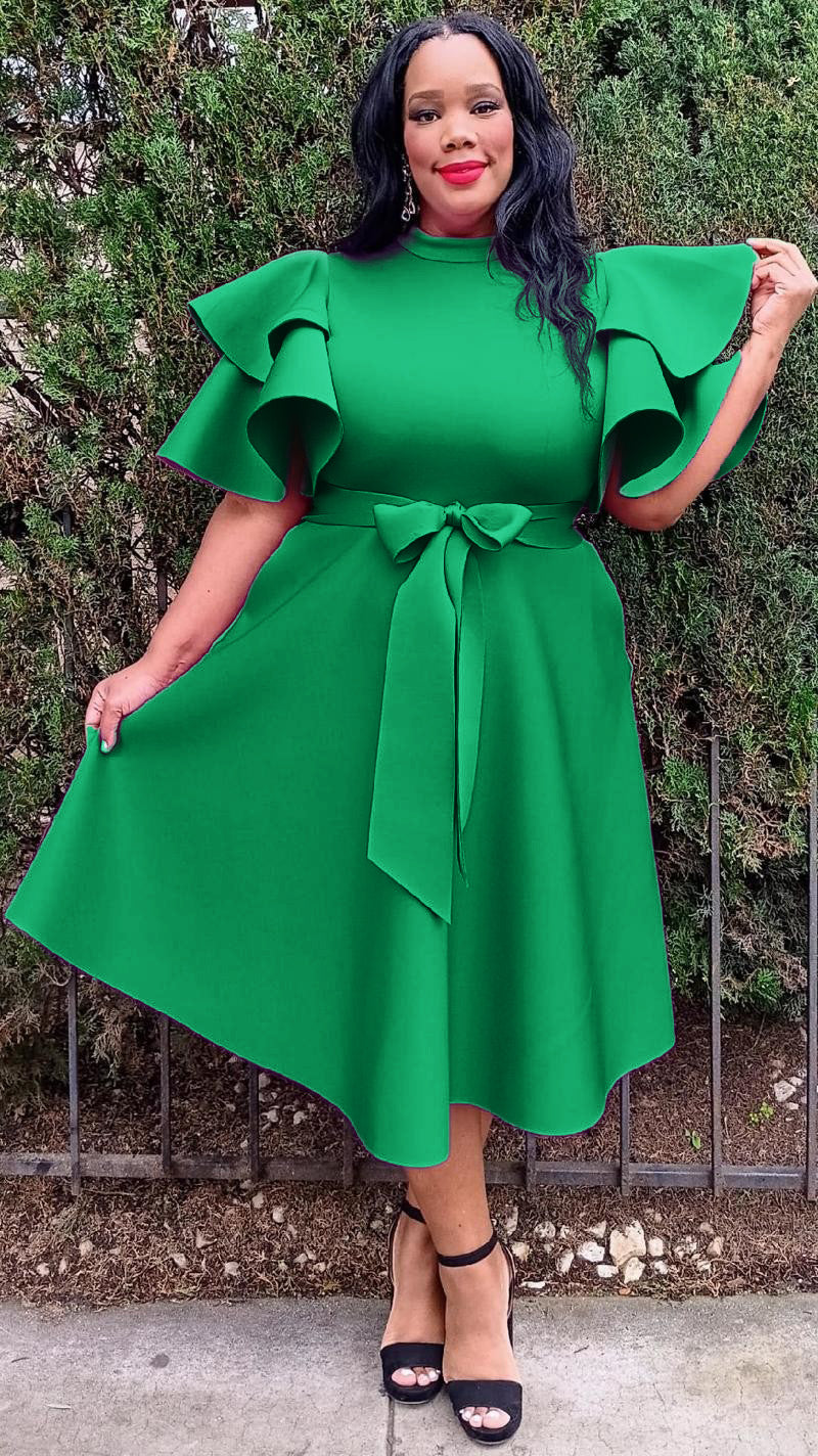 2862 Plus Size Extravagant Fit and Flare Midi Dress With Belt