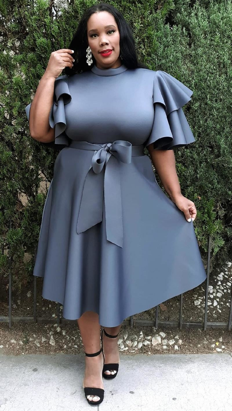 2862 Plus Size Extravagant Fit and Flare Midi Dress With Belt