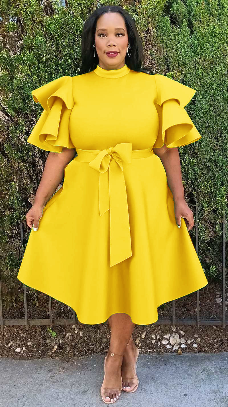 2862 Plus Size Extravagant Fit and Flare Midi Dress With Belt