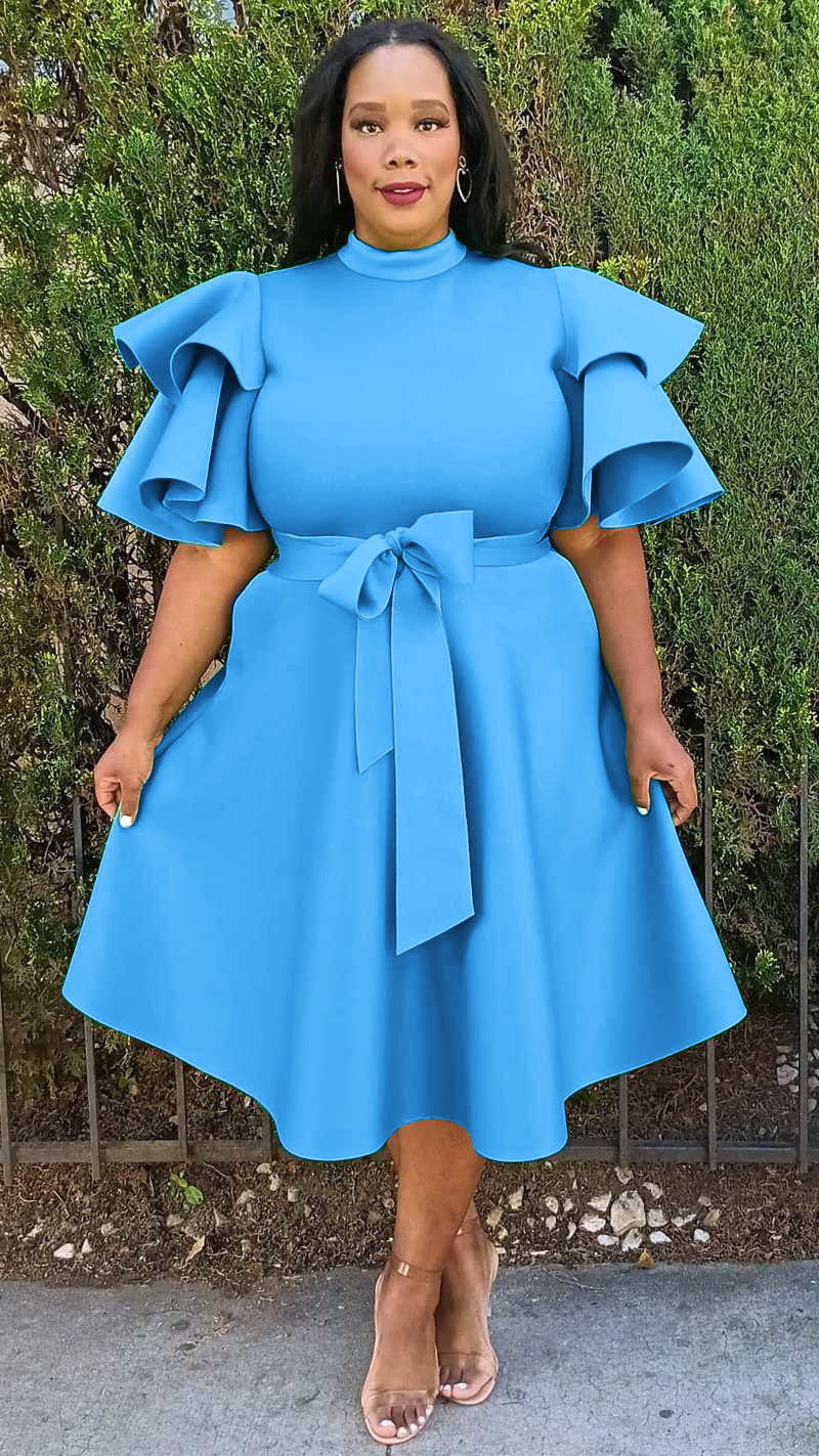 2862 Plus Size Extravagant Fit and Flare Midi Dress With Belt
