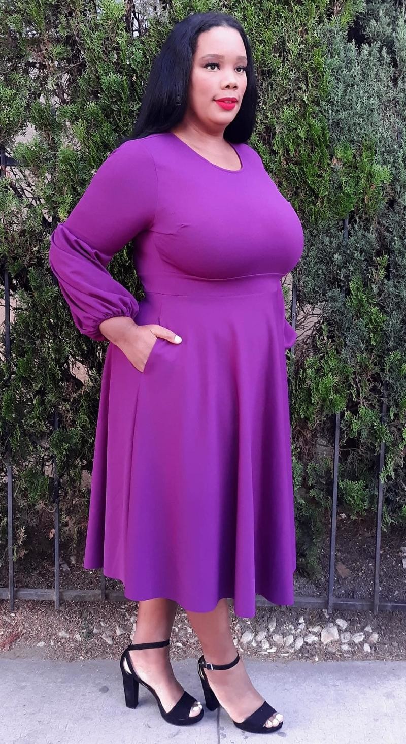 2867REG Women Chic Puffy Long Sleeves Scuba  Flare Midi Dresses With Pockets Belt not included