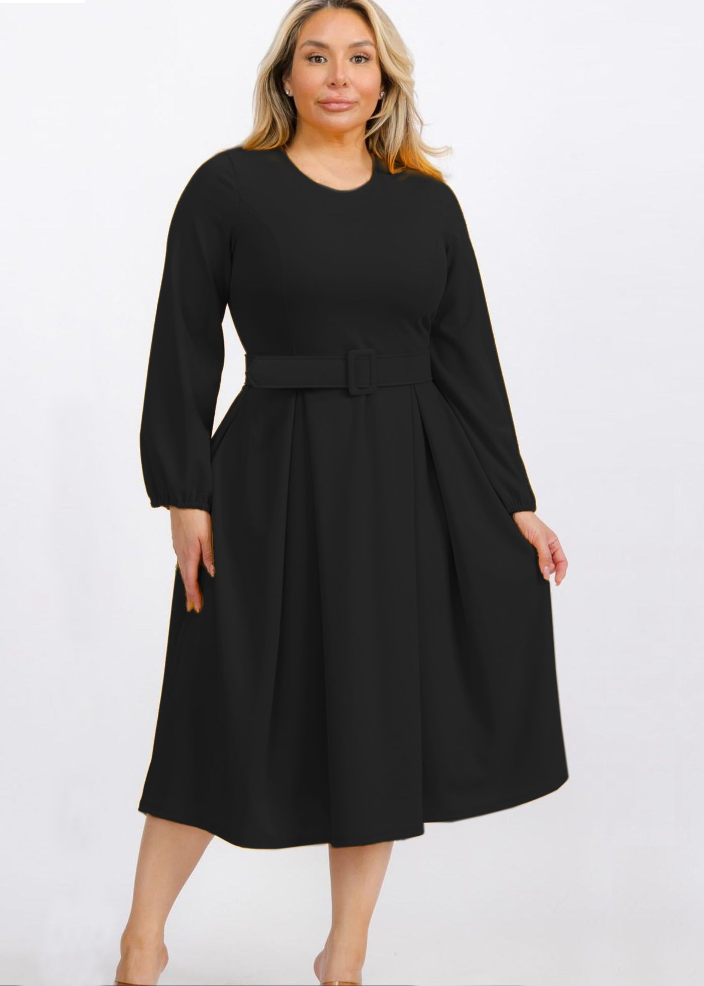 2930SO Plus Size Bishop Sleeves Sleeves Midi Dress with Belt