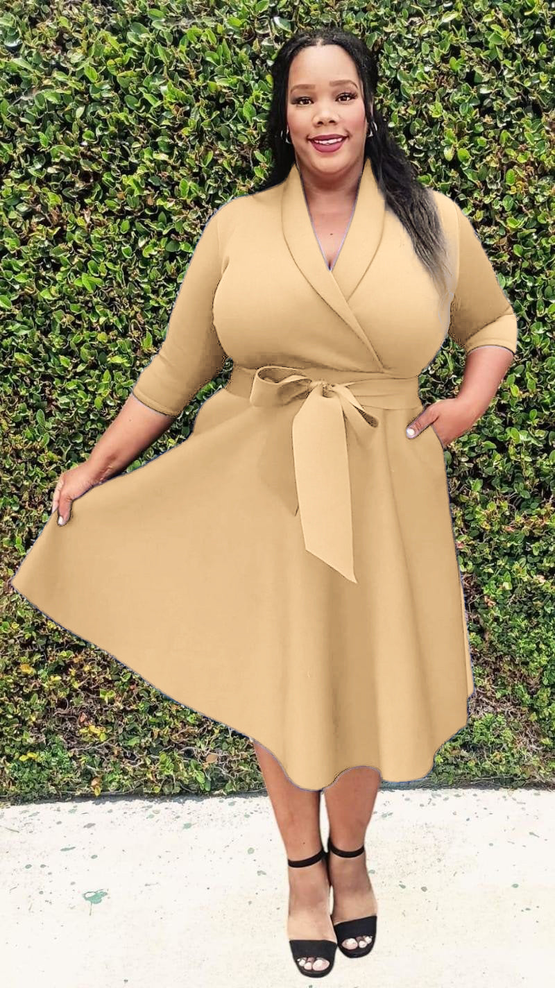 2937 Plus Size 3/4 Sleeves Flowy Warp Midi Flare Pockets and belt