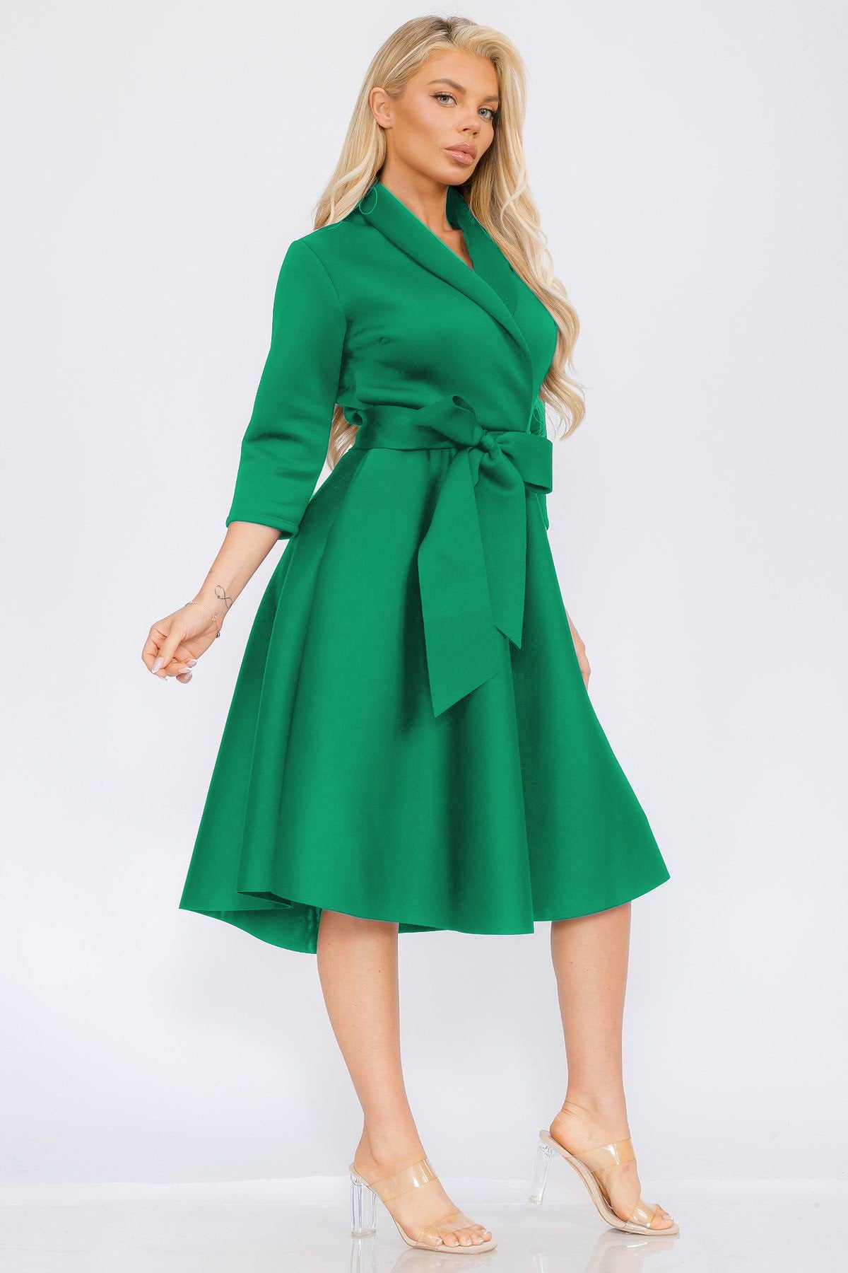 2938 Women Elegant Front Wrap Dress with Tie Waist and Pockets