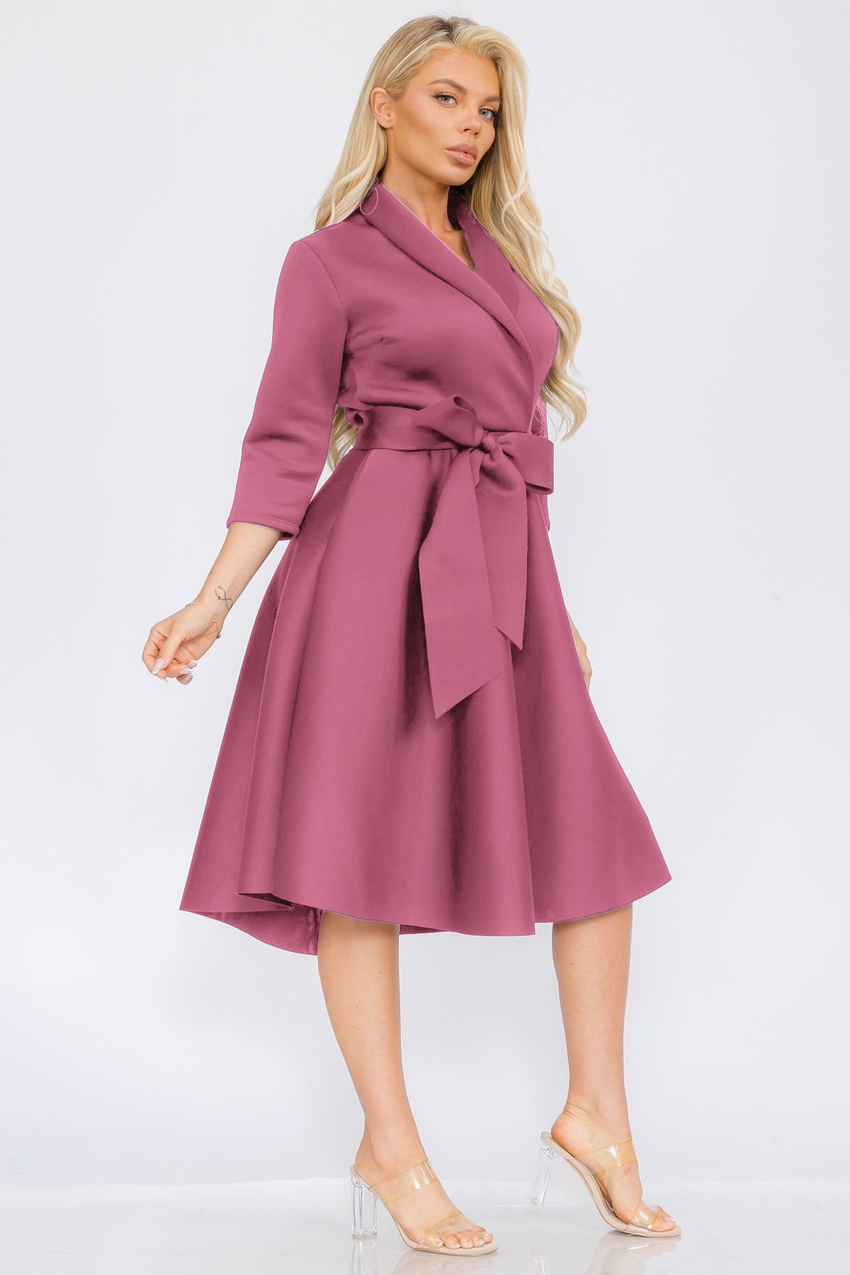 2938 Women Elegant Front Wrap Dress with Tie Waist and Pockets