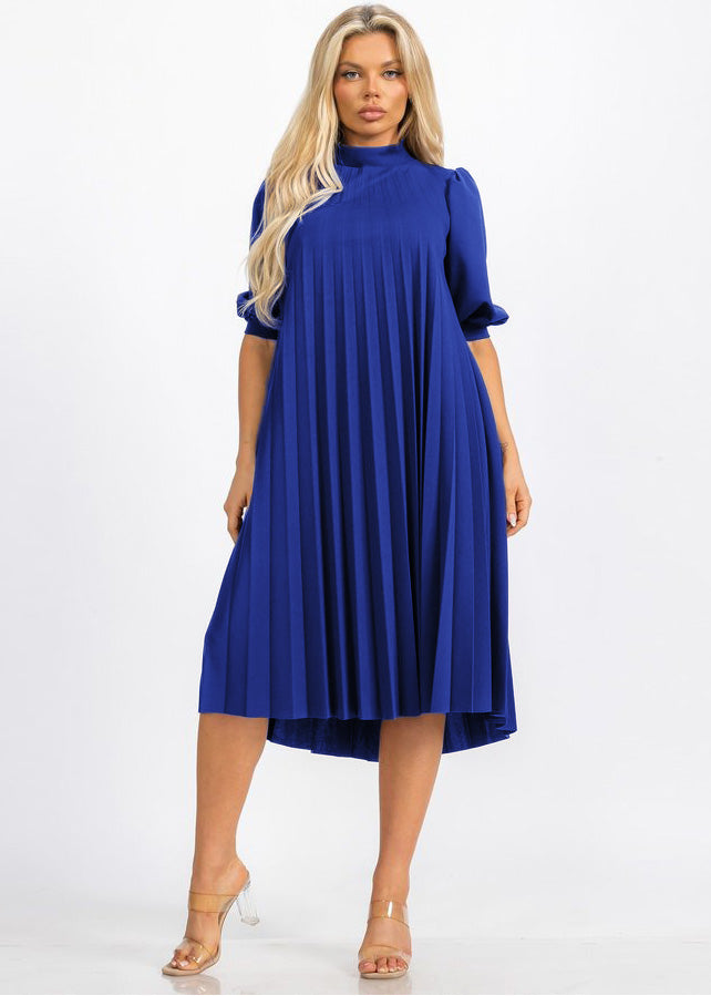 2939SO Women Chic  Mock Neck Short Sleeves Crepe Plates Midi Flare