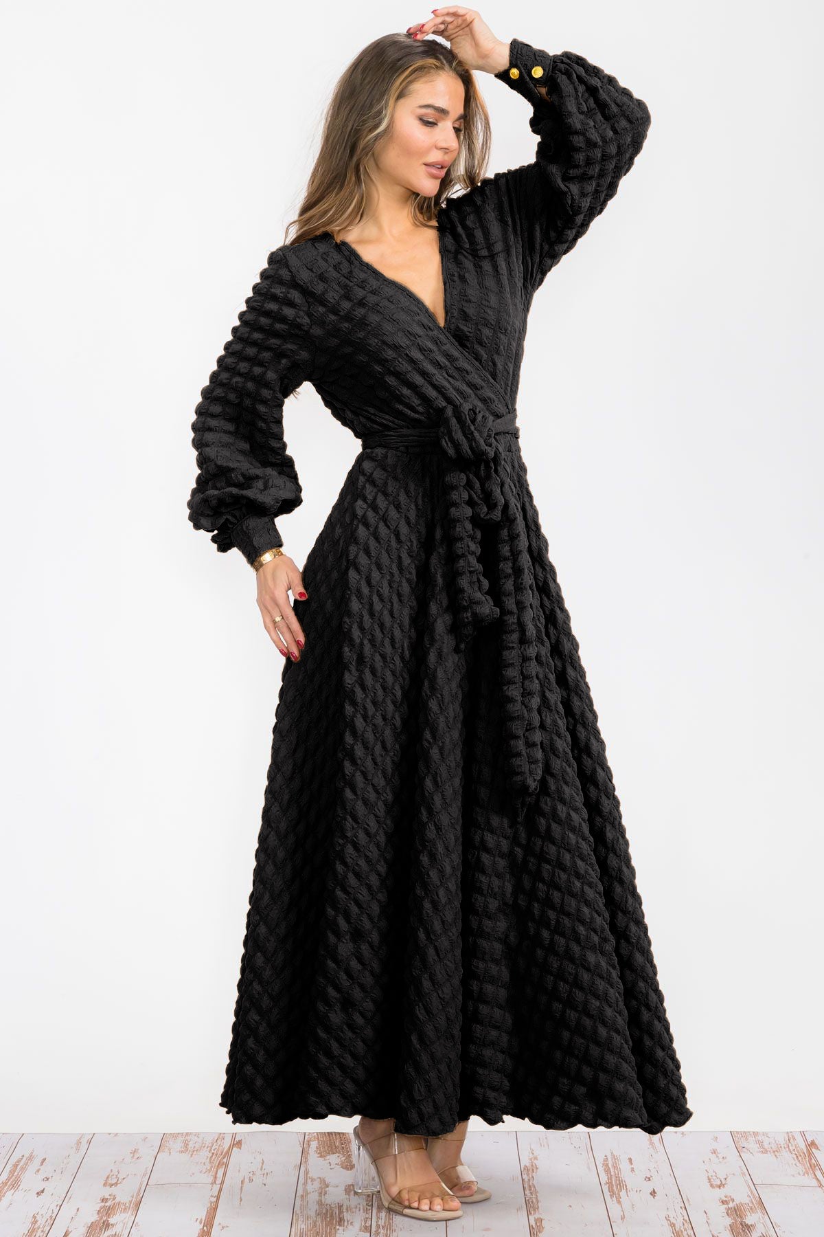 2951 PC Women Reg Size Buttons Cuffs Popcorn Fabric Maxi Flowy Belt