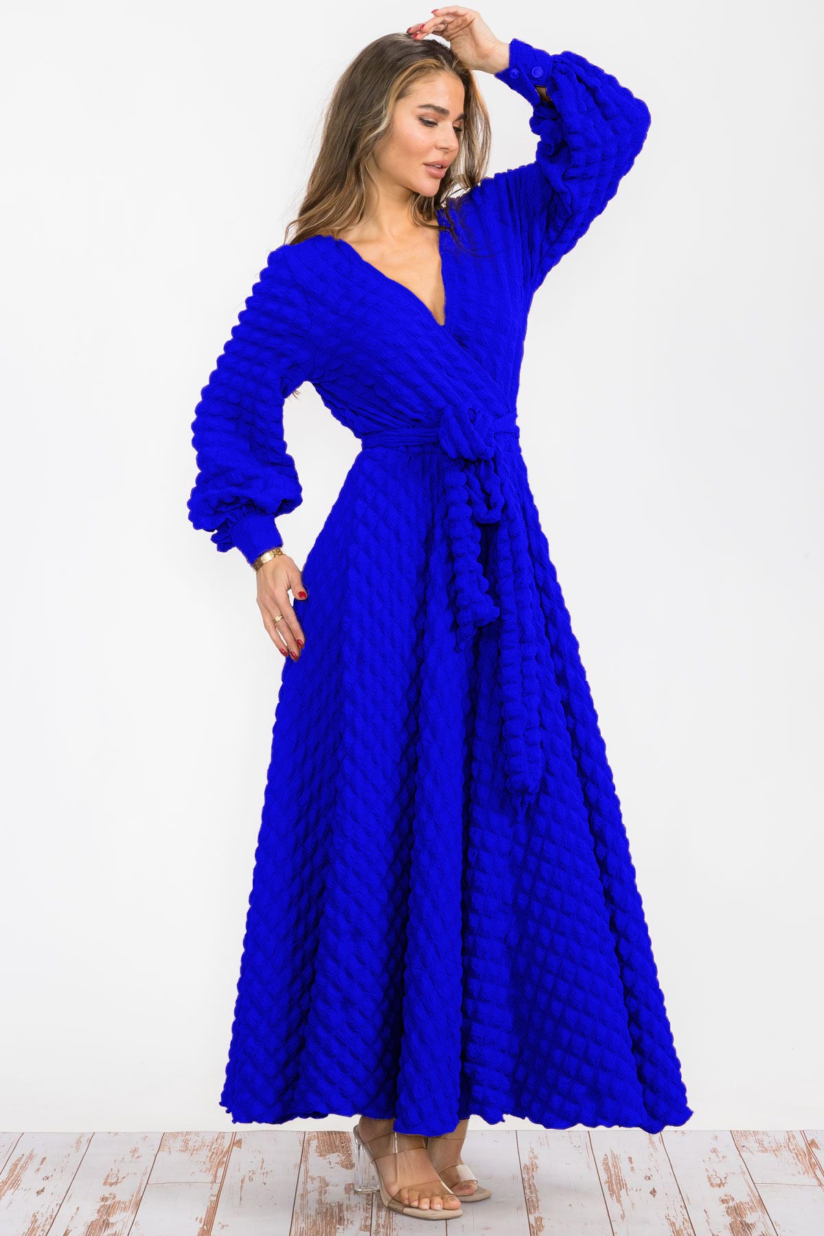 2951 PC Women Reg Size Buttons Cuffs Popcorn Fabric Maxi Flowy Belt