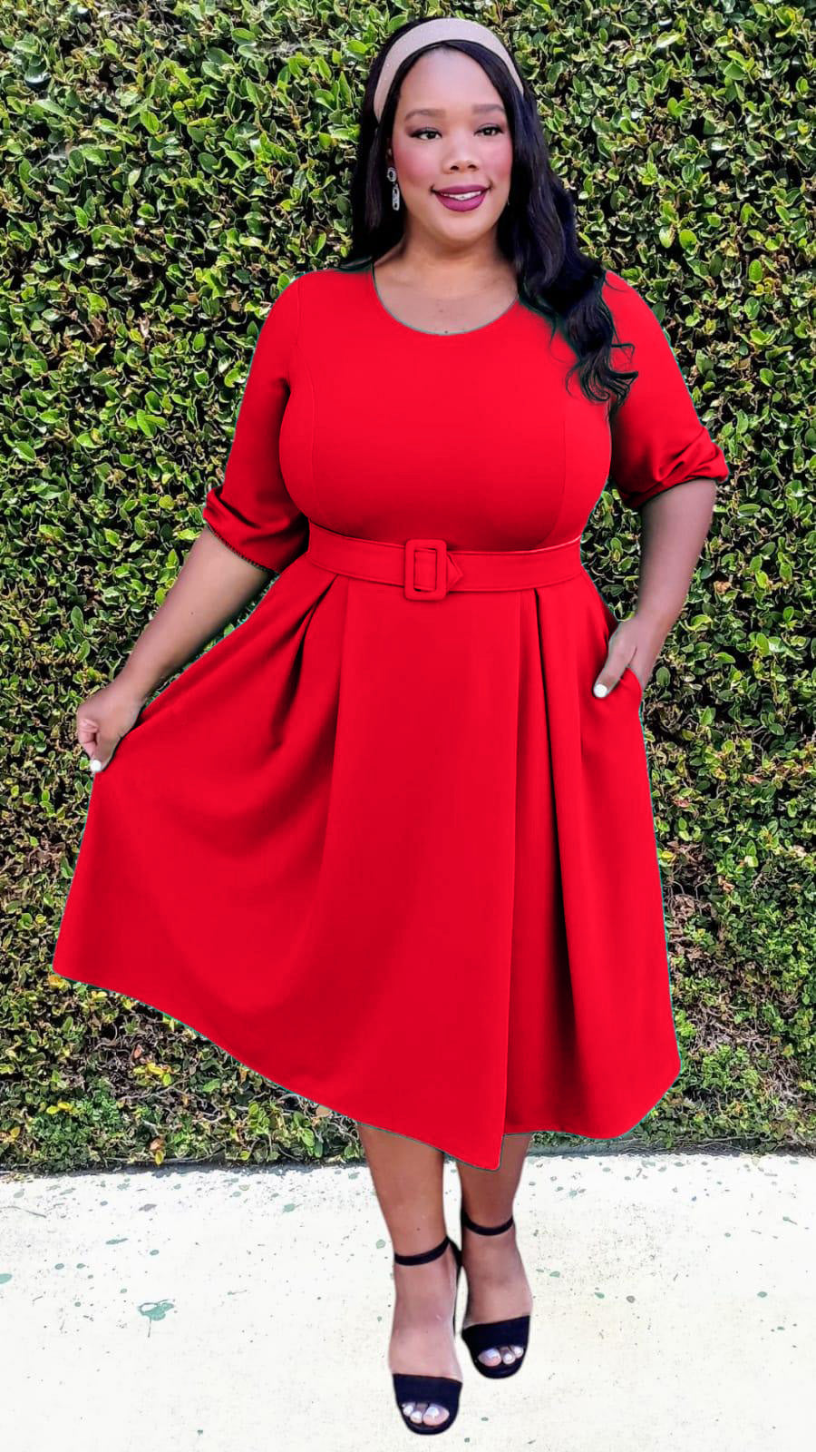 2965 Plus Size 3/4 Bishop Sleeves Flare Midi Dress with Belt Zipper Back
