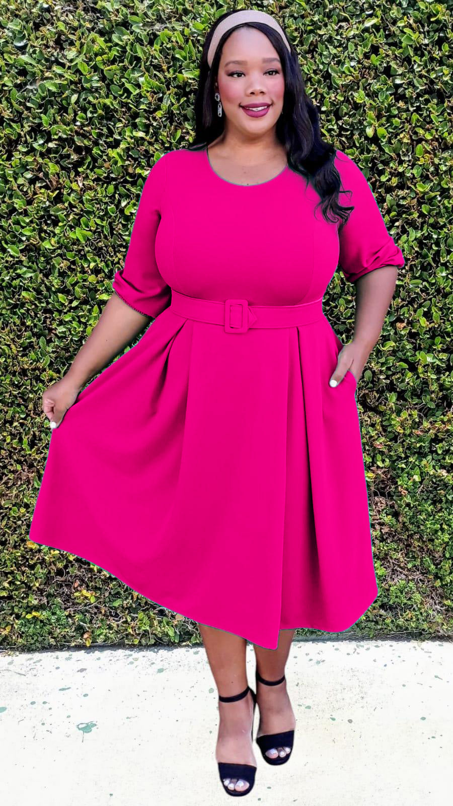 2965 Plus Size 3/4 Bishop Sleeves Flare Midi Dress with Belt Zipper Back