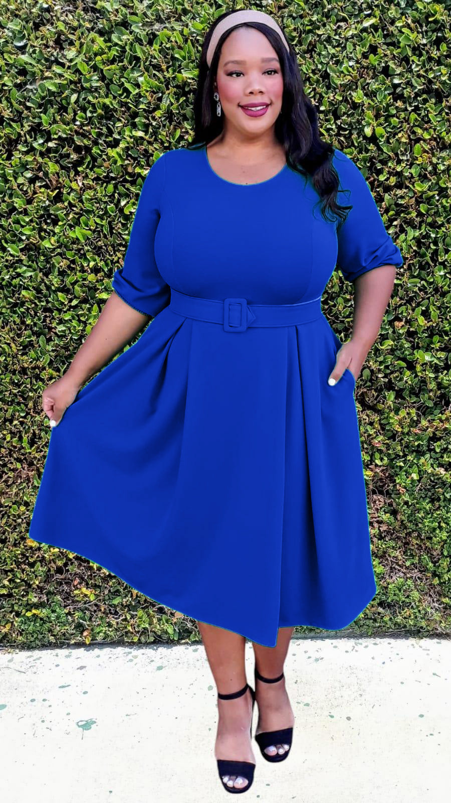 2965 Plus Size 3/4 Bishop Sleeves Flare Midi Dress with Belt Zipper Back