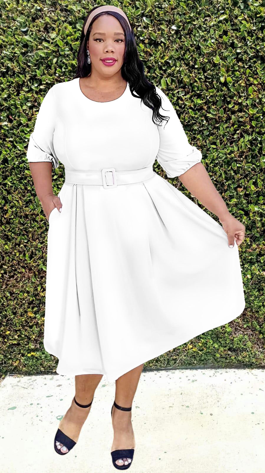 2965 Plus Size 3/4 Bishop Sleeves Flare Midi Dress with Belt Zipper Back