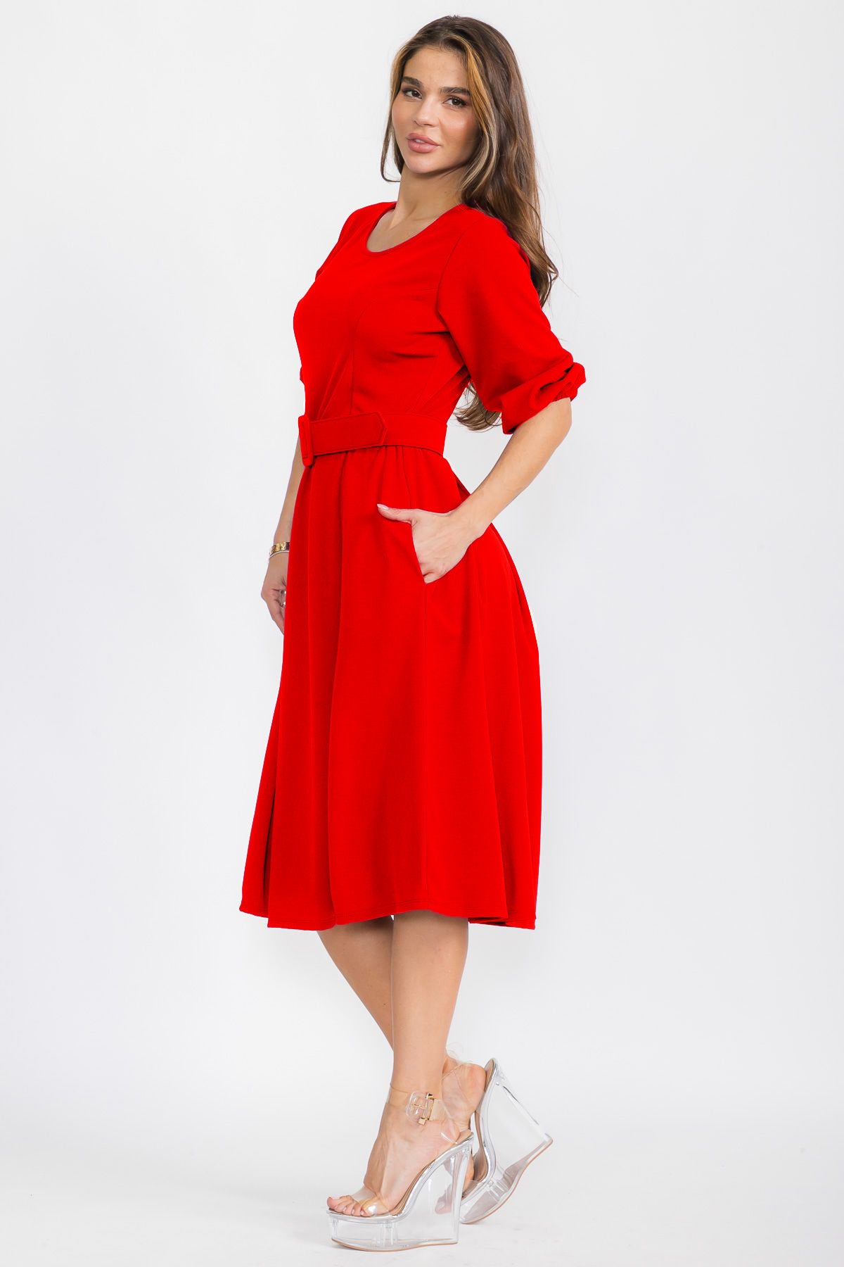 2966 Women 3/4 Sleeves Fit Flare Midi Dress With Belt