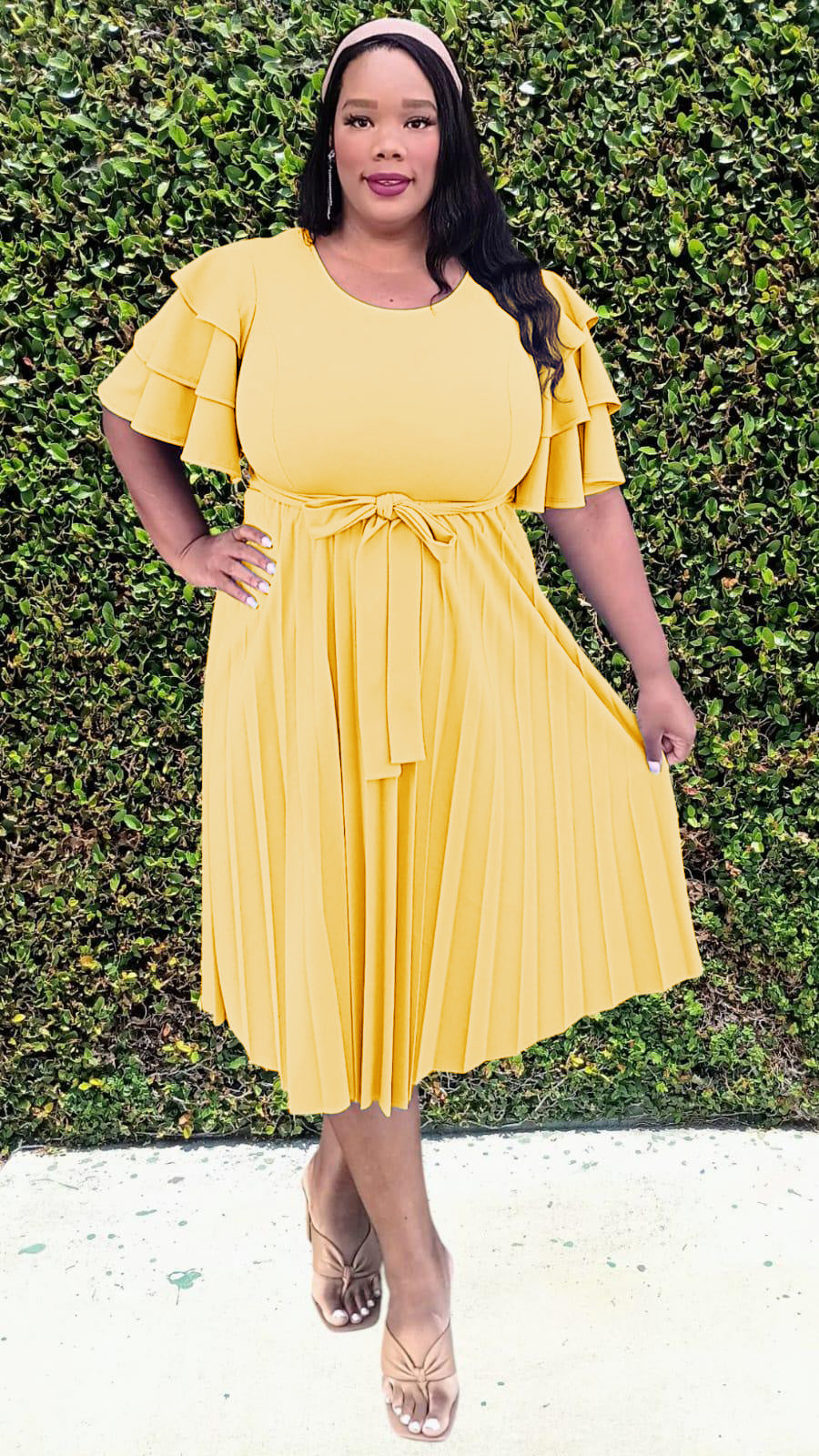 2977 Plus Size double Ruffled Sleeves Pleated Flare Midi Dresses