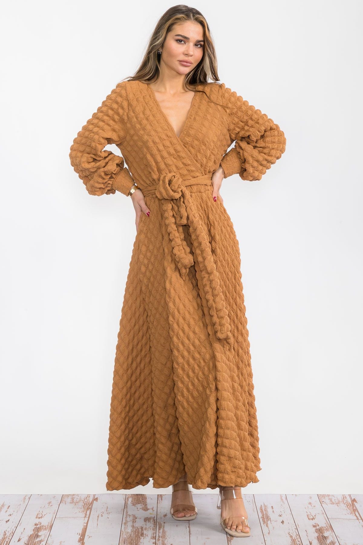 2951 PC Women Reg Size Buttons Cuffs Popcorn Fabric Maxi Flowy Belt