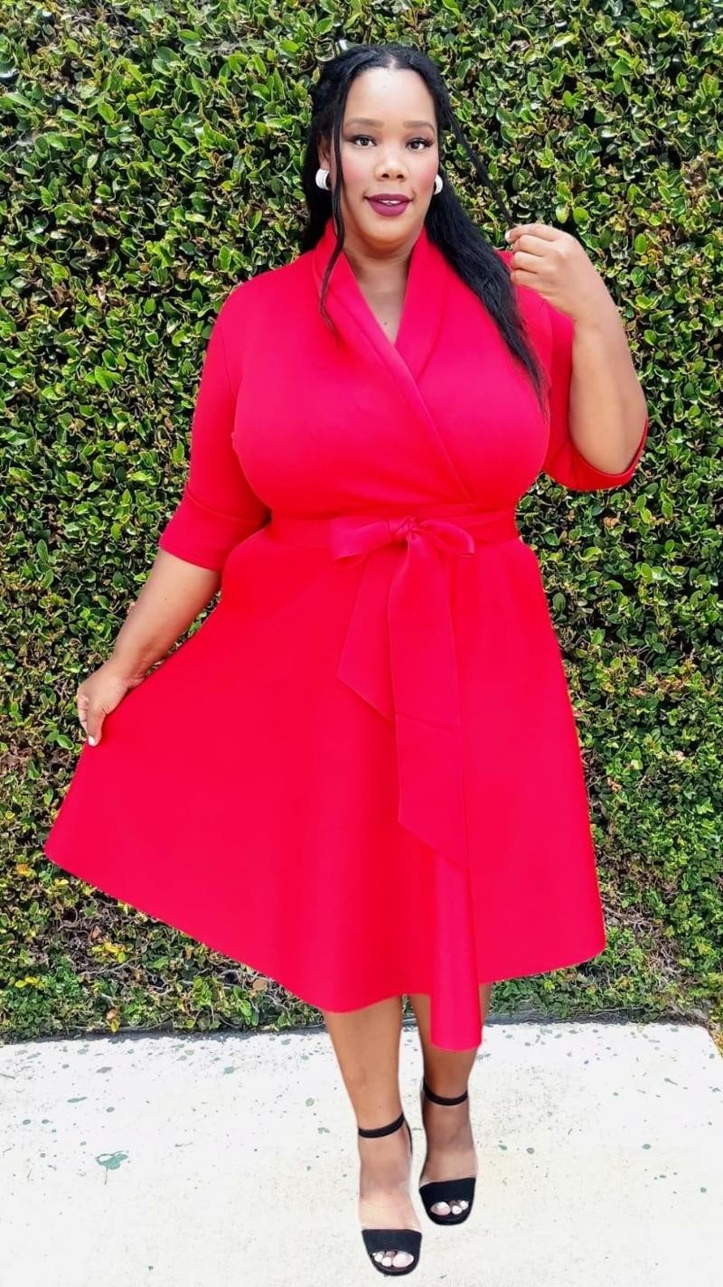 Plus Size 3/4 Sleeves Flowy Warp Midi Flare Dress with Pockets and belt