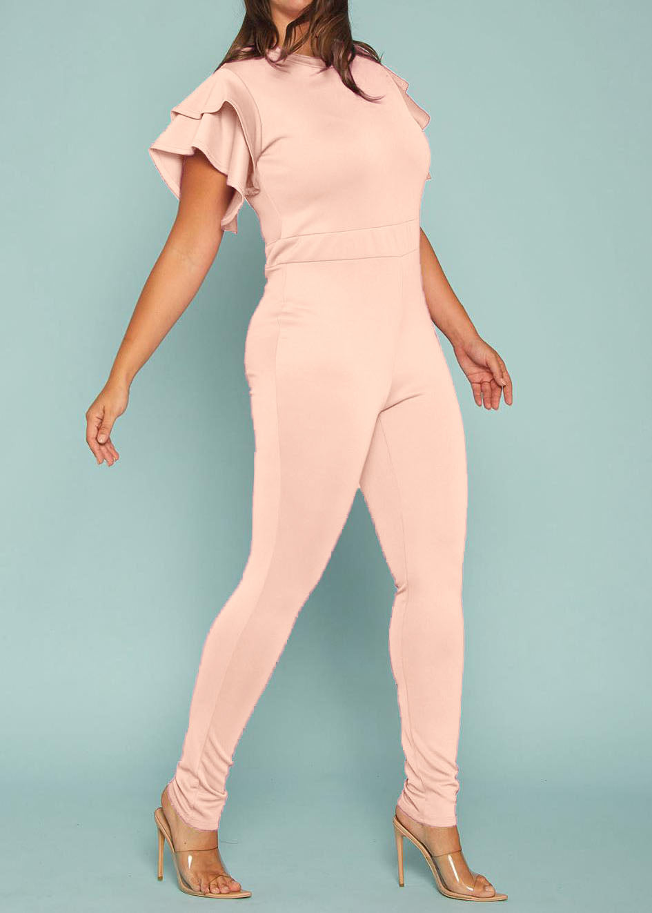 Plus Size Mock Neck Ruffled Short Sleeves Banded Waist Zipper Closure Back Jumpsuit