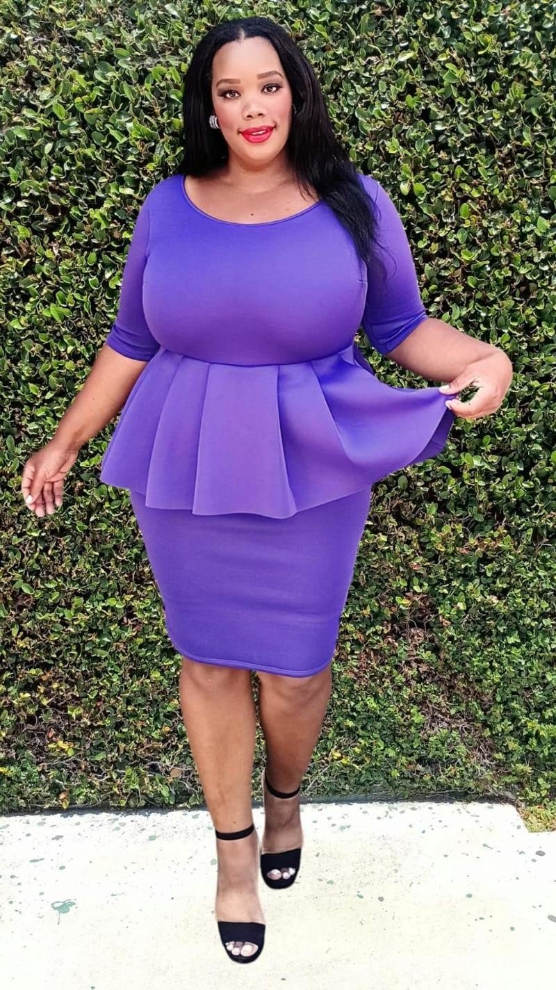 Plus Size Scuba Round Neck Ruff Hem Peplum Knee Dress