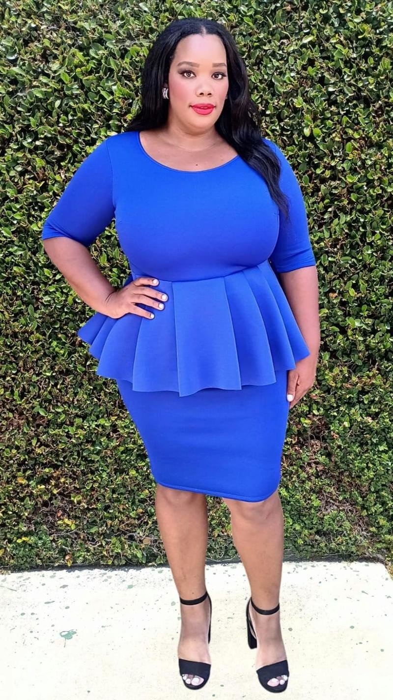 Plus Size Scuba Round Neck Ruff Hem Peplum Knee Dress