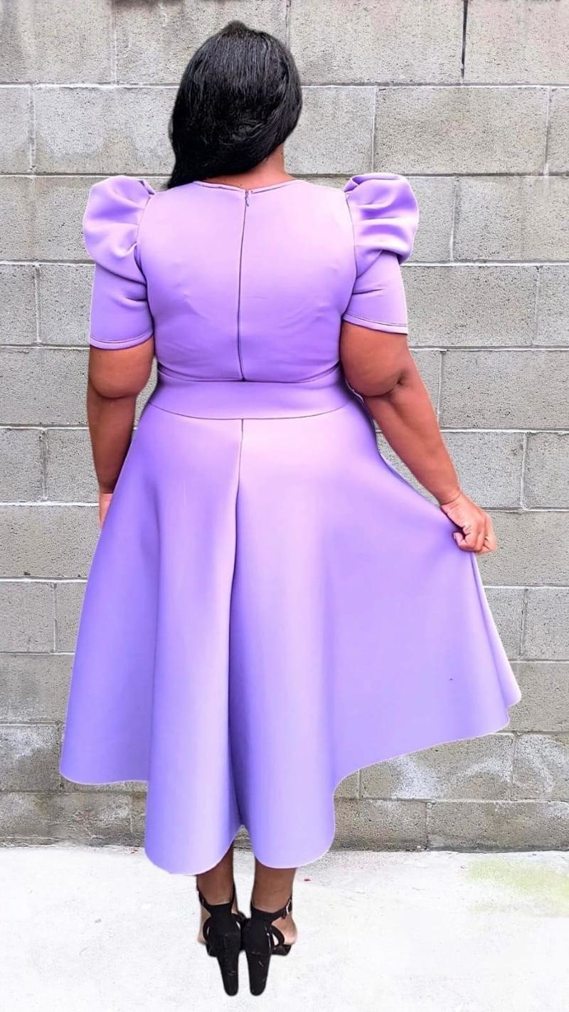 Plus Size short puff sleeves V-Neck Flowy Flare Midi Dress with Pockets and Belt